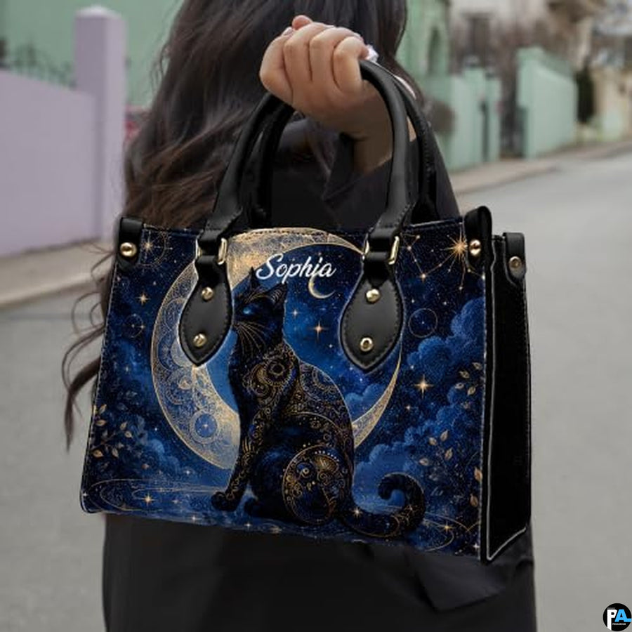 Black Cat Leather Bag – Vintage Cat Art Handbag, Stylish Animal-Themed Purse, Unique Gift for Cat Lovers