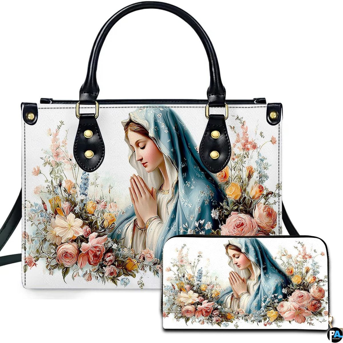 White botanical madonna purse and wallet set featuring praying virgin mary portrait with coral rose bouquet.