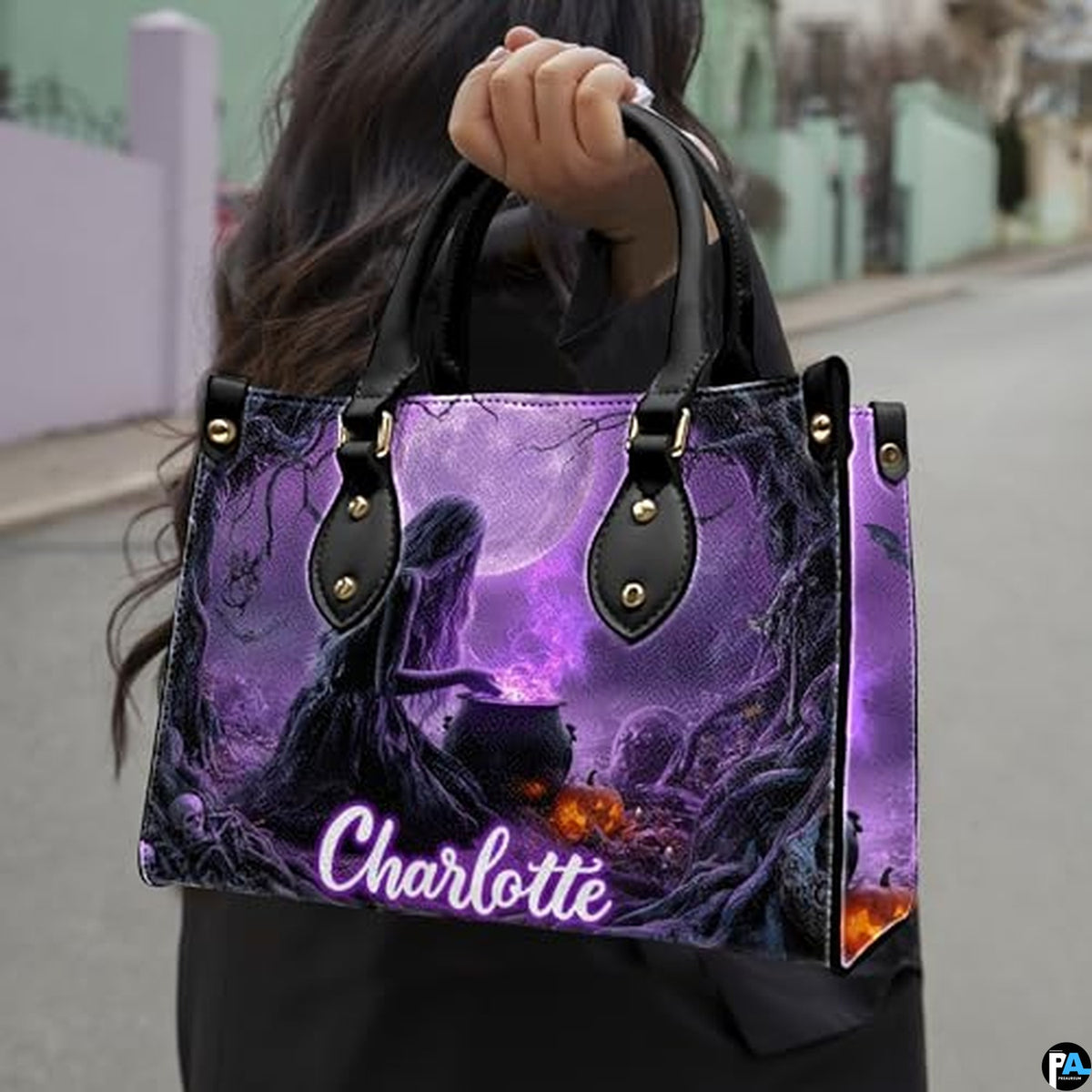 Personalized Halloween Leather Handbag – Custom Witch 3D Printing Effect Purses For Women – Spooky Gothic Shoulder Bag