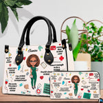 Nurse scrubs illustration handbag and matching wallet set displayed on tabletop beside greenery.