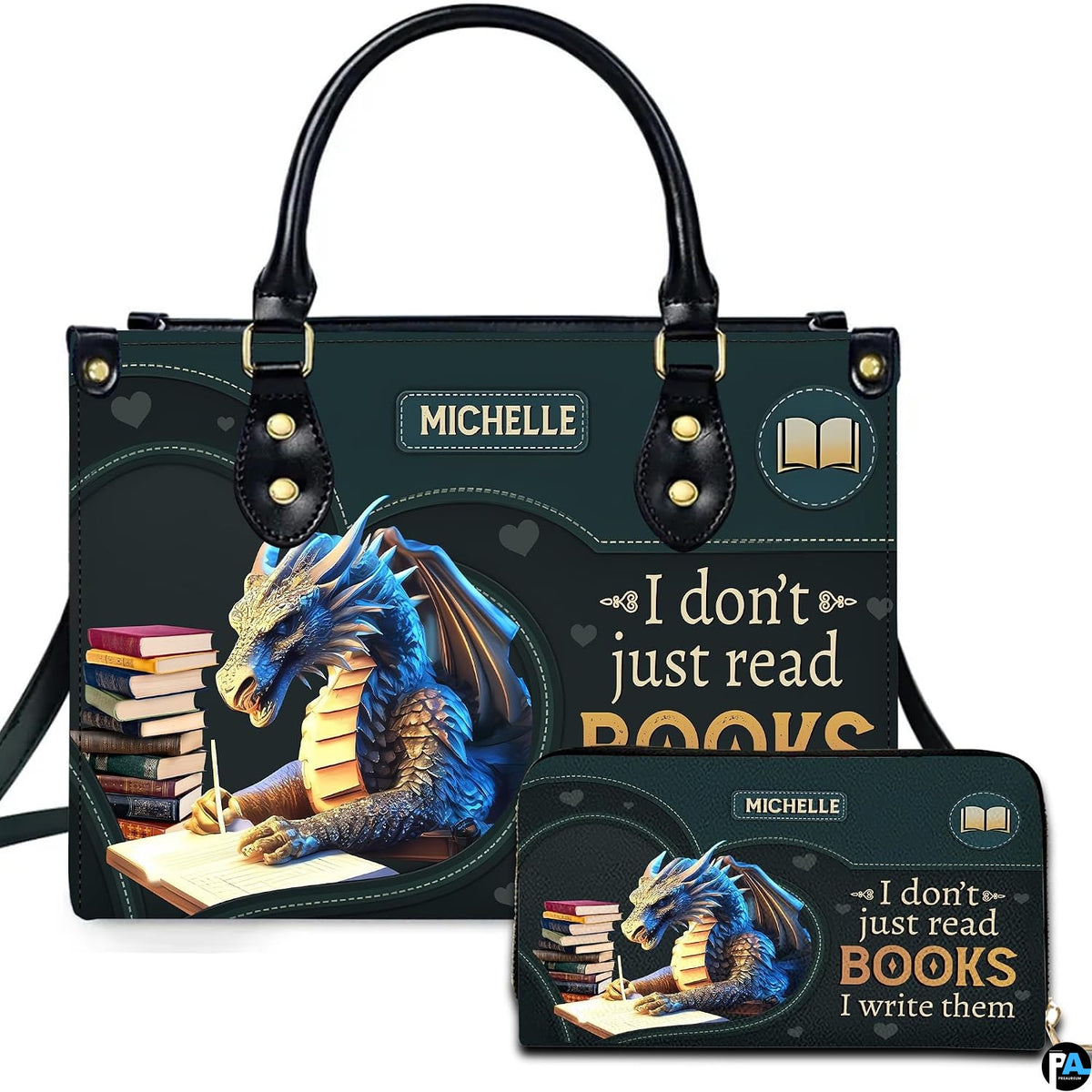 Author fantasy blue dragon writing handbag and matching wallet set on white background.