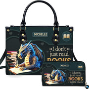 Author fantasy blue dragon writing handbag and matching wallet set on white background.