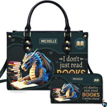 Author fantasy blue dragon writing handbag and matching wallet set on white background.