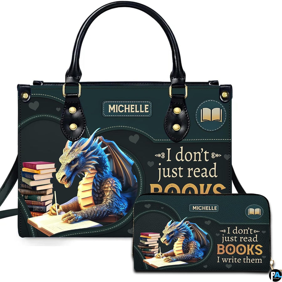 Author fantasy blue dragon writing handbag and matching wallet set on white background.