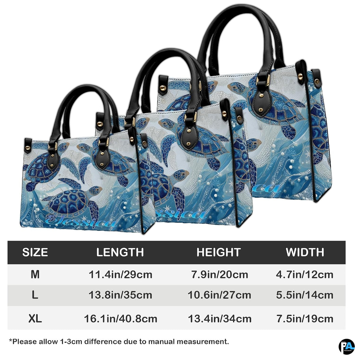 Coordinated arrangement of handbag and wallet showcasing the swimming sea turtle theme.