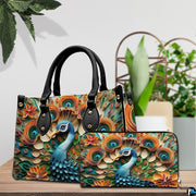 Blue peacock handbag and matching wallet displayed on a table