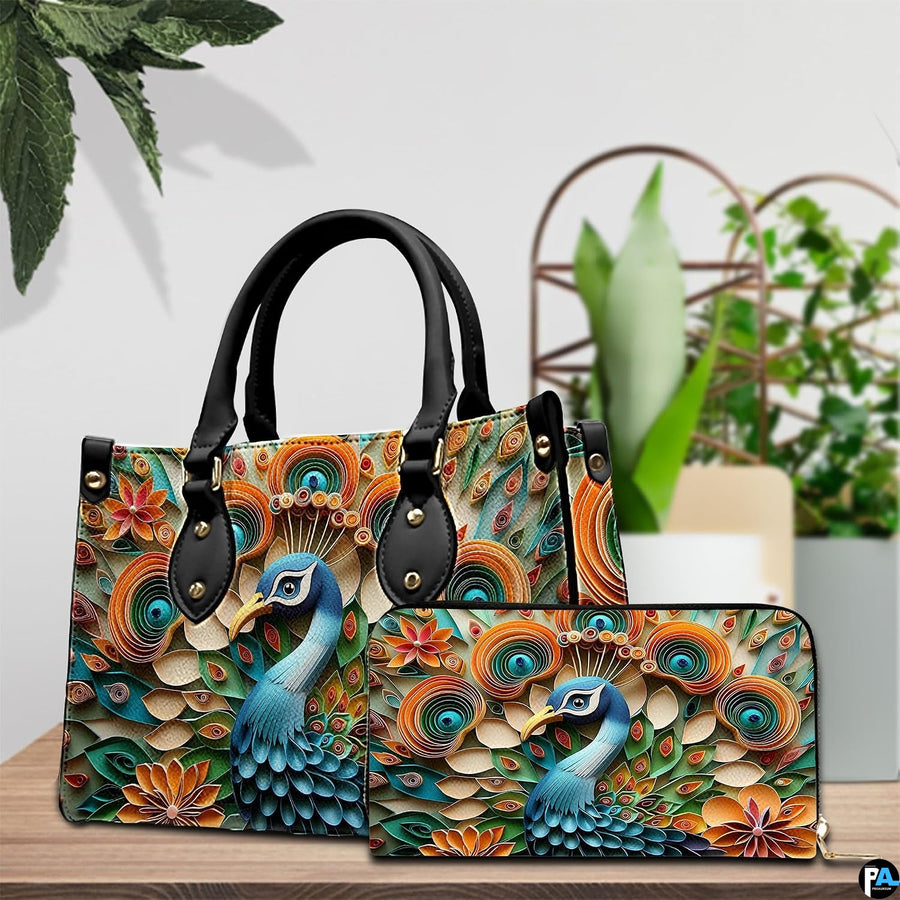 Blue peacock handbag and matching wallet displayed on a table