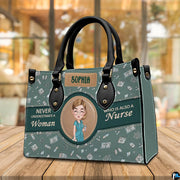 Angled perspective showing sage green nurse artwork and medallion print on handbag