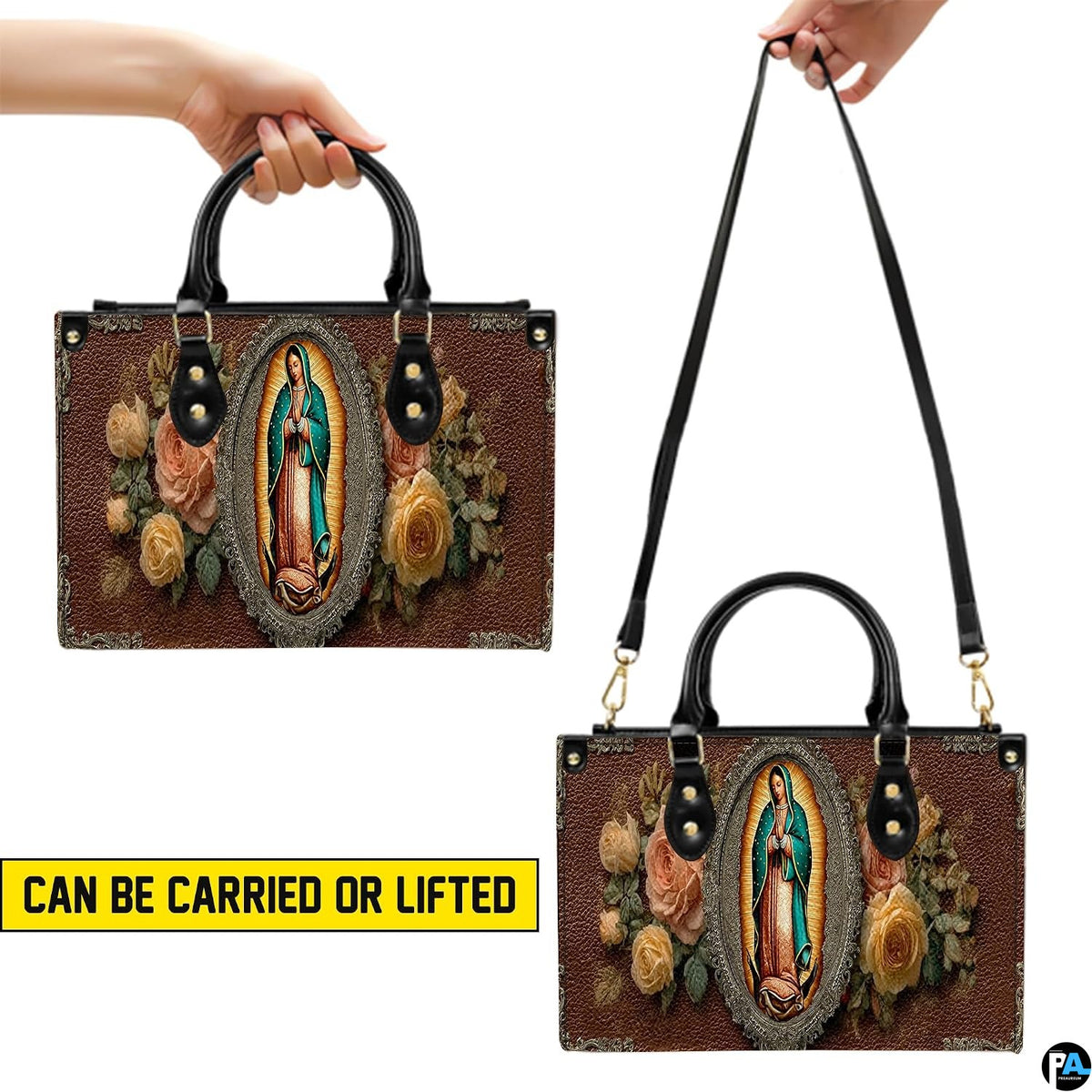 Angled perspective showing Our Lady of Guadalupe religious artwork on structured handbag