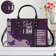 Front perspective of matching purple wallet displaying botanical butterflies and devotional quotes.