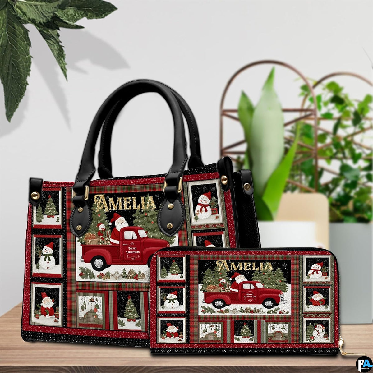 Infographic displaying hardware fixtures, carrying straps, and zipper detailing of Christmas handbag.