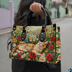 Outdoor lifestyle showcase displaying sleeping cat art floral graphic on fashionable daily accessory.