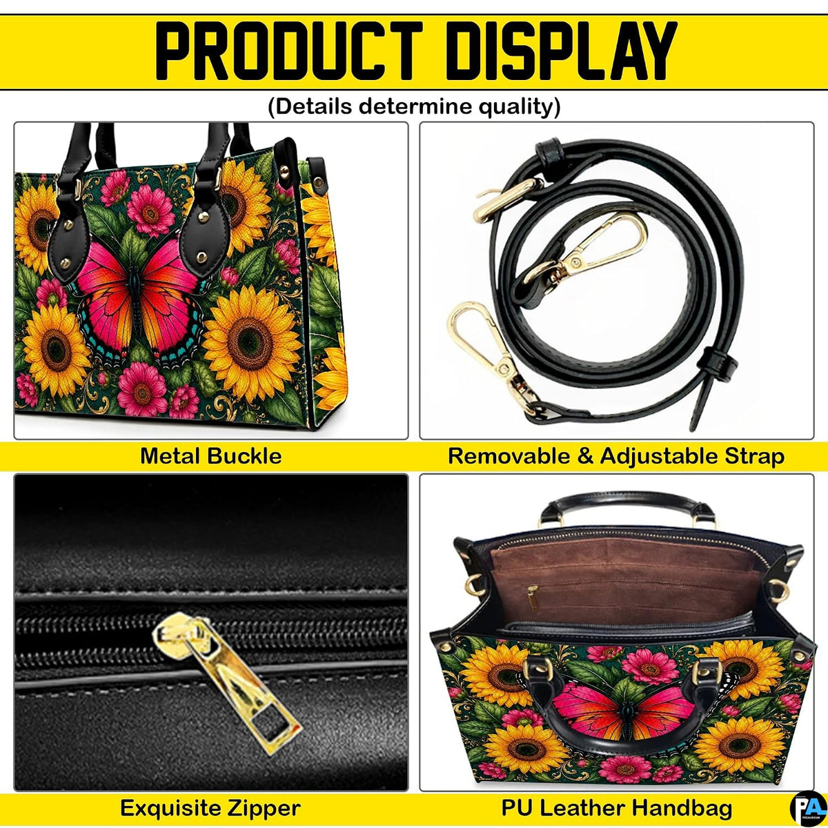Four panel graphic illustrating dimensional closeups of golden botanical flourishes and butterfly motifs.