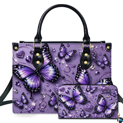 Studio presentation showing purple butterfly artwork alongside matching companion on white surface.