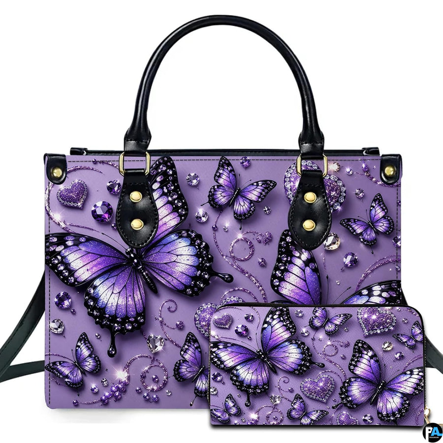 Studio presentation showing purple butterfly artwork alongside matching companion on white surface.