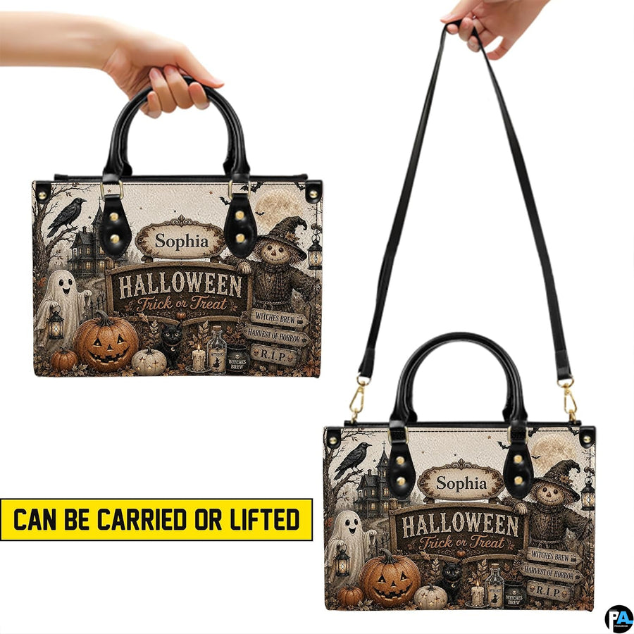 Visual demonstration showing handheld and shoulder carry styling for this spooky autumn art accessory.