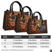 Three sizes of handbag shown in graduated display with length, height, and width dimension chart.