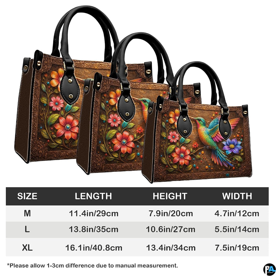 Three sizes of handbag shown in graduated display with length, height, and width dimension chart.