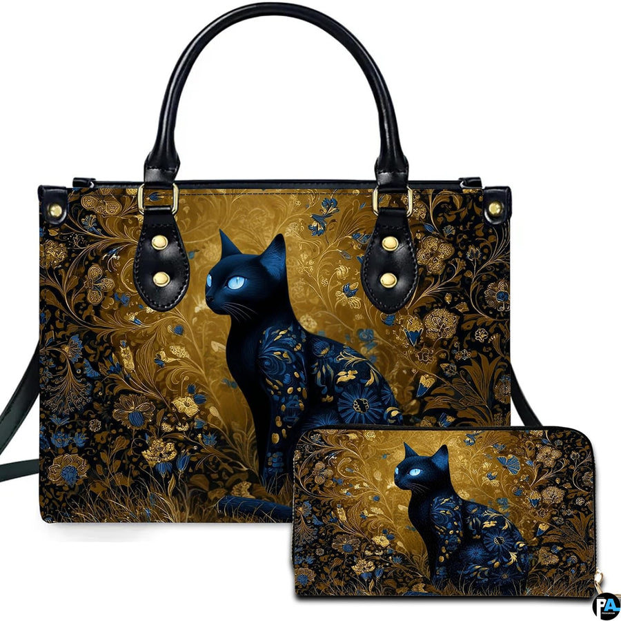 Black Cat Leather Bag – Vintage Cat Art Handbag, Stylish Animal-Themed Purse, Unique Gift for Cat Lovers