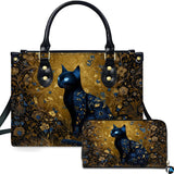 Ornate Baroque Blue Cat Botanical Handbag and Wallet Set