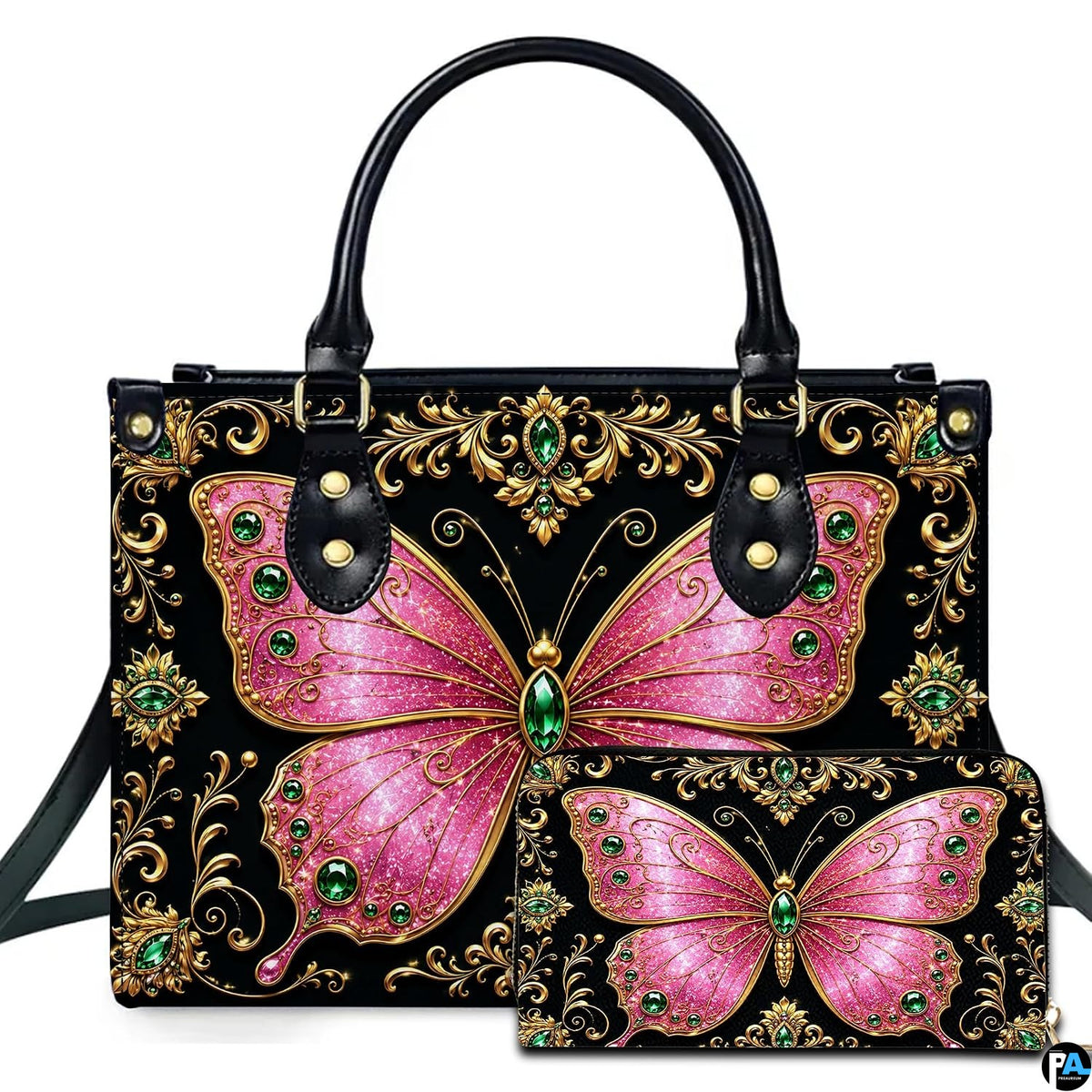 Studio presentation showing pink jeweled butterfly artwork alongside matching companion on white surface.