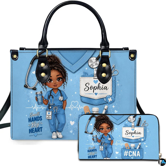 Black nurse cartoon art featuring a cheerful animated character in blue scrubs beside matching companion accessory.