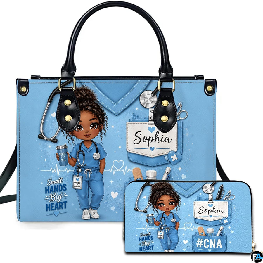 Black nurse cartoon art featuring a cheerful animated character in blue scrubs beside matching companion accessory.