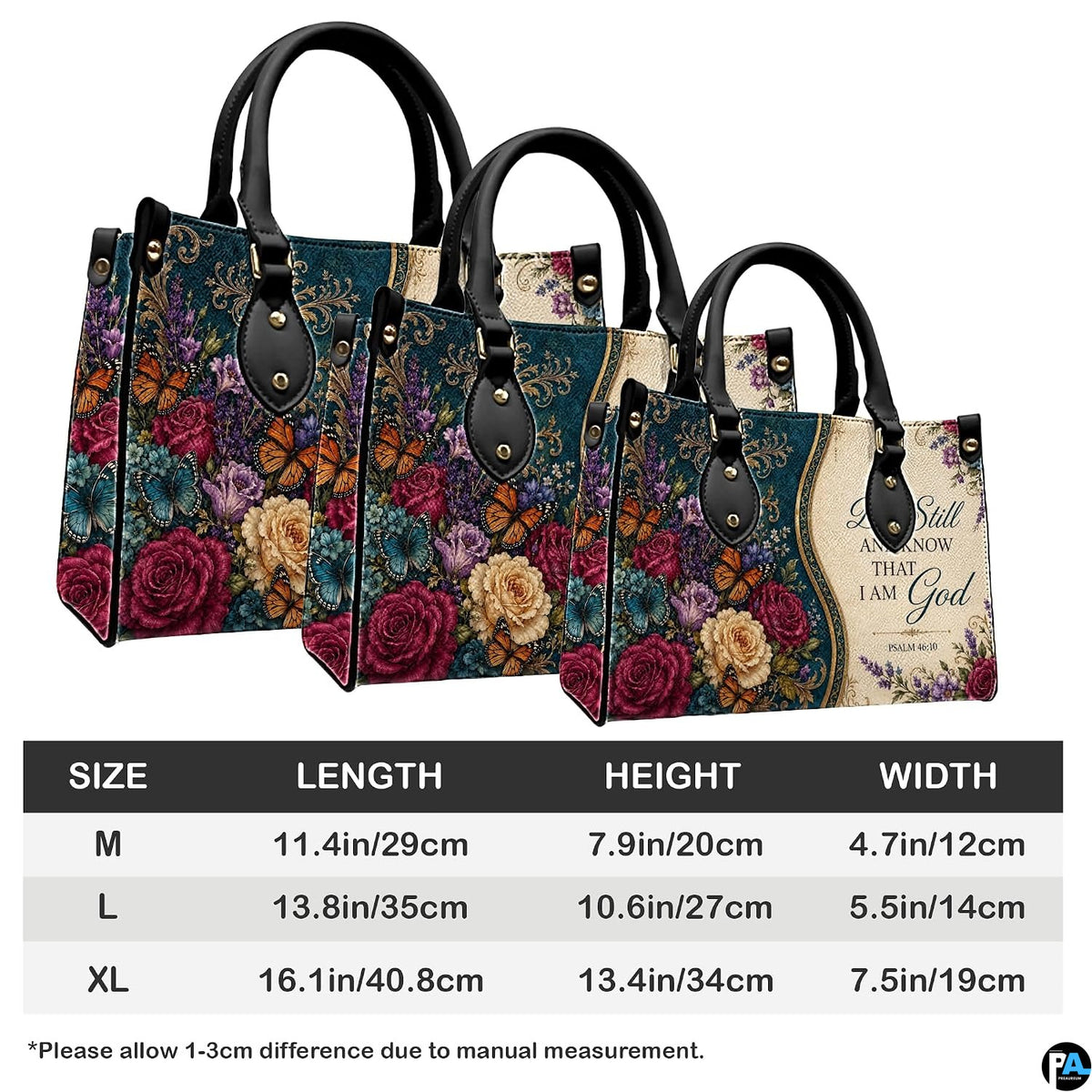 Lifestyle display showing teal baroque floral handbag styled with matching botanical wallet.