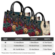 Lifestyle display showing teal baroque floral handbag styled with matching botanical wallet.
