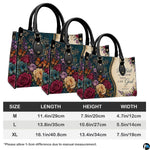 Lifestyle display showing teal baroque floral handbag styled with matching botanical wallet.