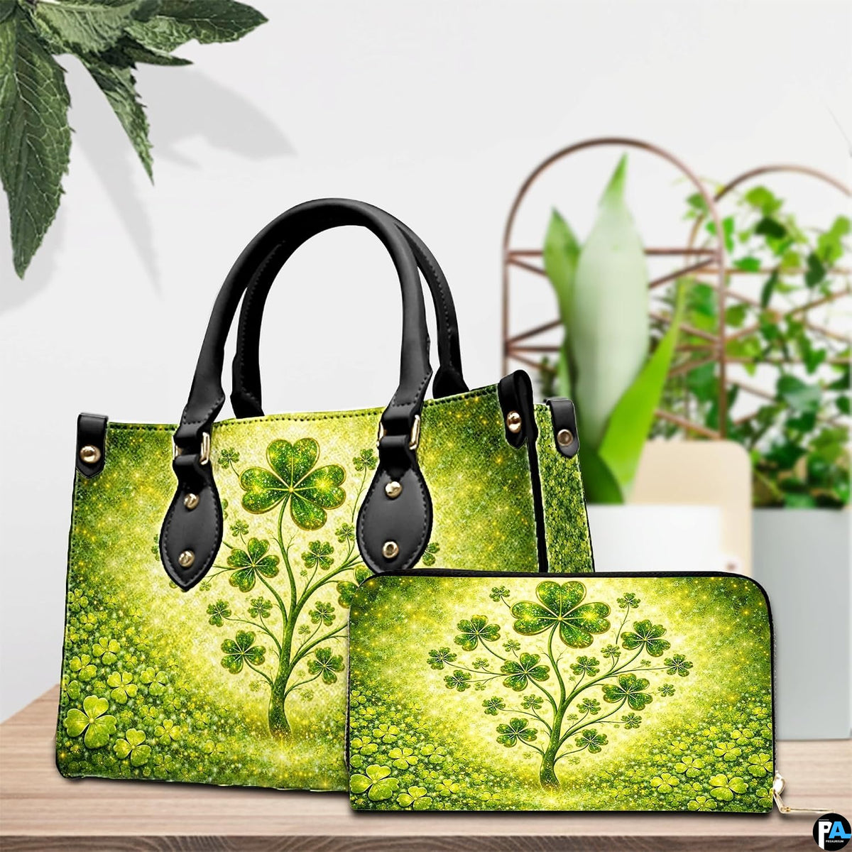 Green clover tree handbag with coordinated wallet on a tabletop
