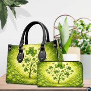 Green clover tree handbag with coordinated wallet on a tabletop