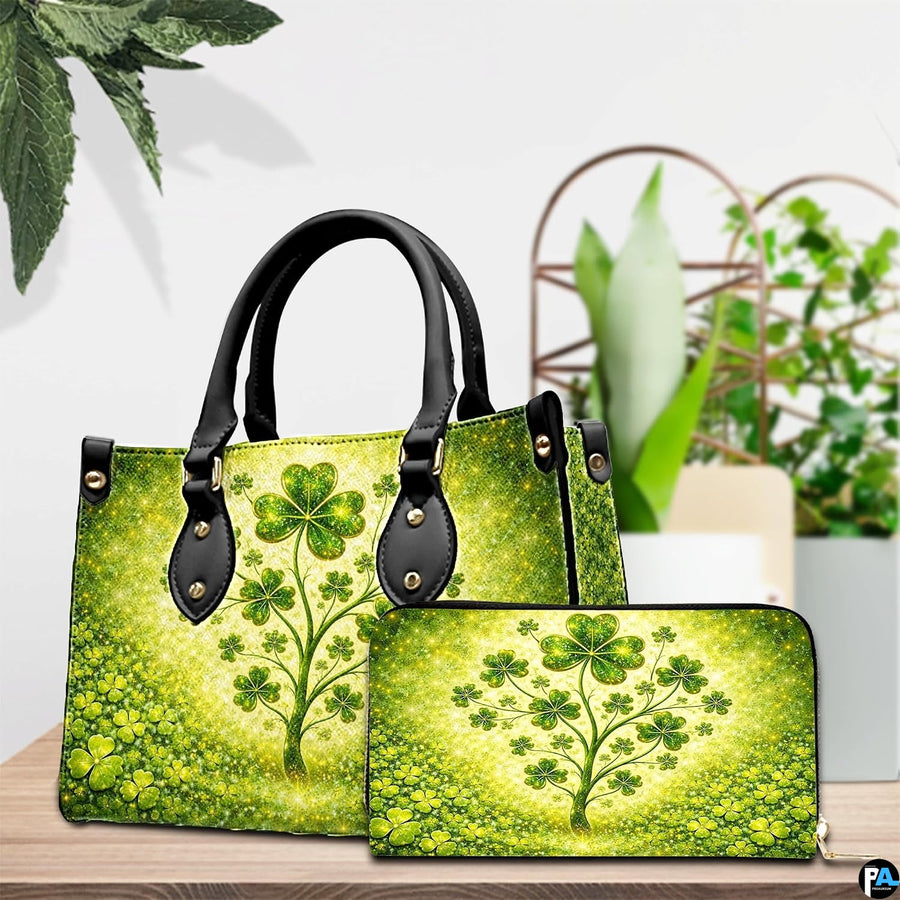 Green clover tree handbag with coordinated wallet on a tabletop