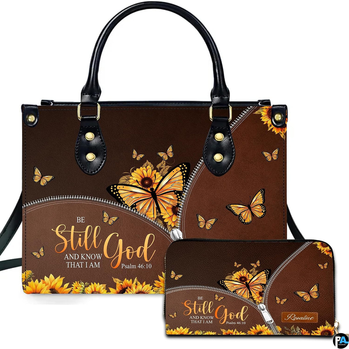 Yellow butterfly purse and matching wallet featuring sunflower monarch butterfly and inspirational quote.