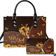 Yellow butterfly purse and matching wallet featuring sunflower monarch butterfly and inspirational quote.