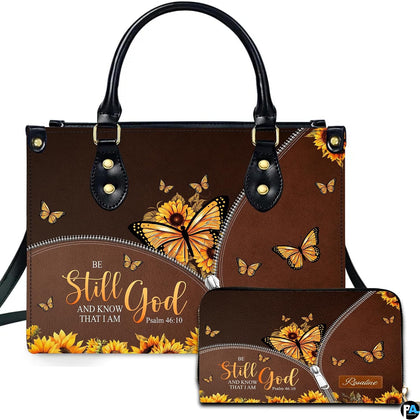 Yellow butterfly purse and matching wallet featuring sunflower monarch butterfly and inspirational quote.
