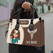 Chibi nurse mocha handbag carried outdoors showing visual scale against street setting.