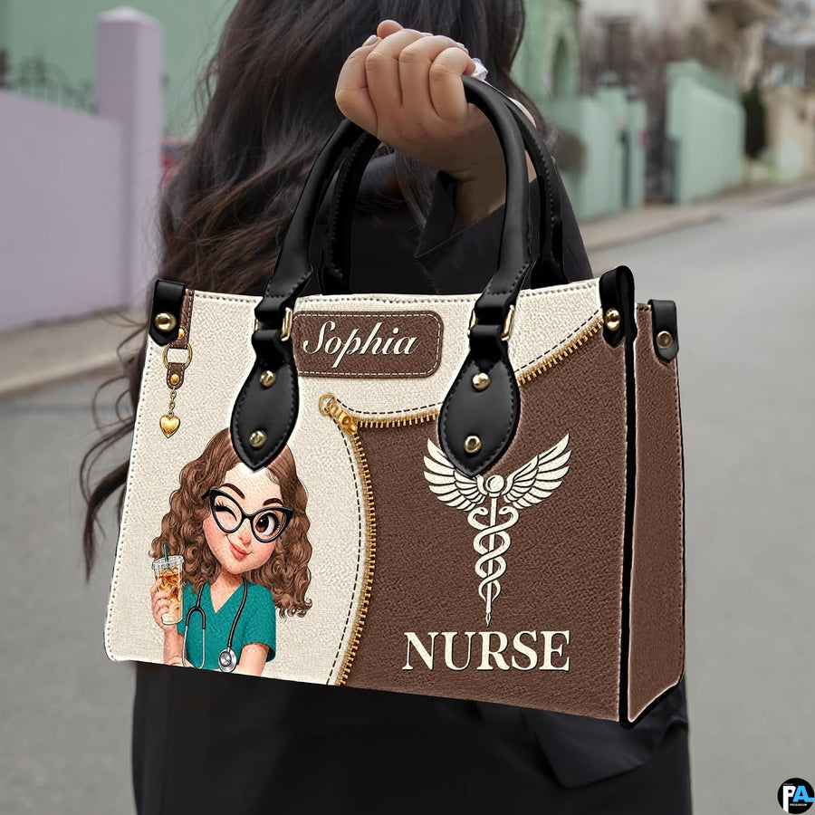 Chibi nurse mocha handbag carried outdoors showing visual scale against street setting.