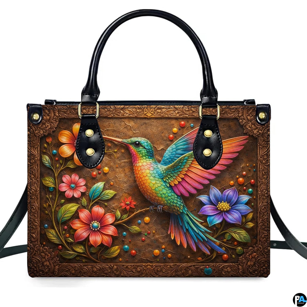 Handbag standing upright on wooden tabletop in softly lit indoor room.