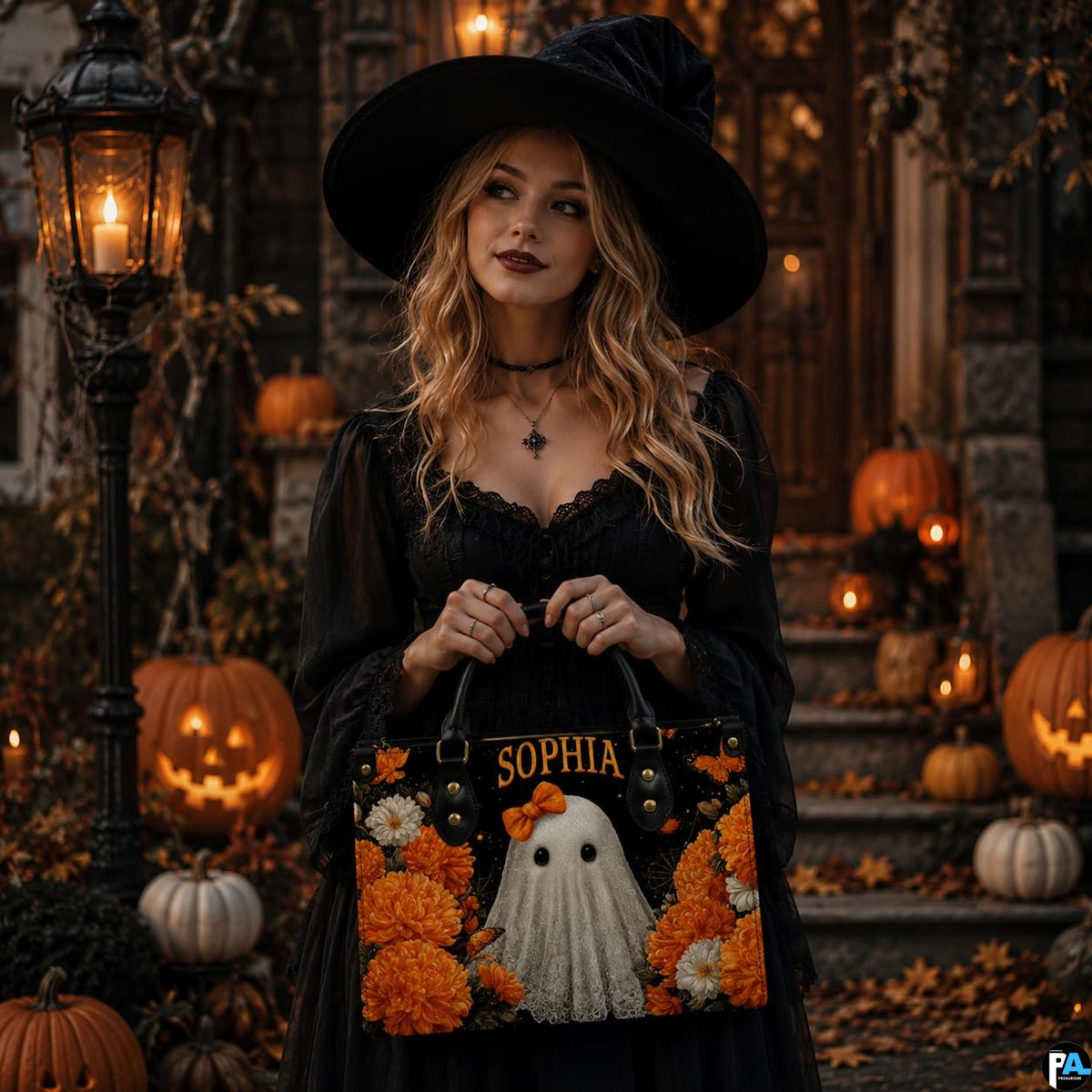 Outdoor porch presentation showing the autumn ghost floral design beside decorative carved lanterns.