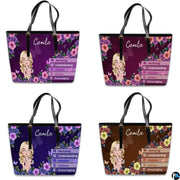 Color variant presentation of Purple Floral Clinician Handbag showing purple, wine, navy, and brown options.