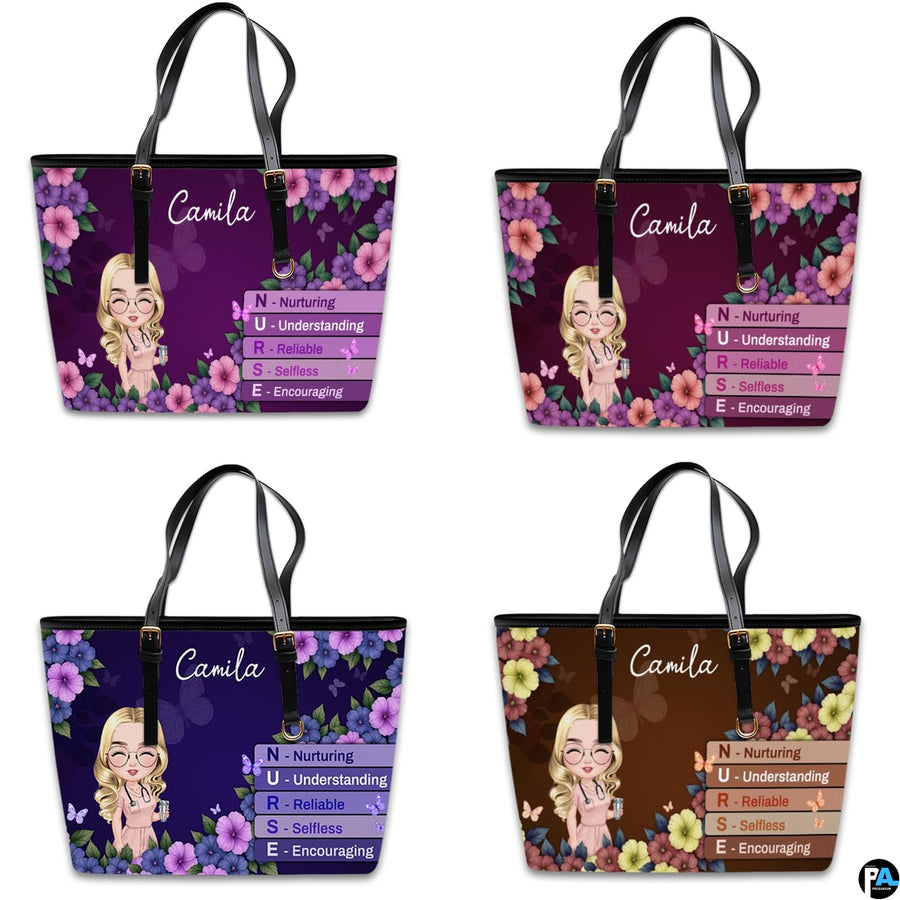 Color variant presentation of Purple Floral Clinician Handbag showing purple, wine, navy, and brown options.