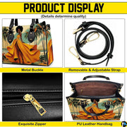 Multi-angle overview featuring the tropical yellow gown artwork, polished hardware elements, and interior view.
