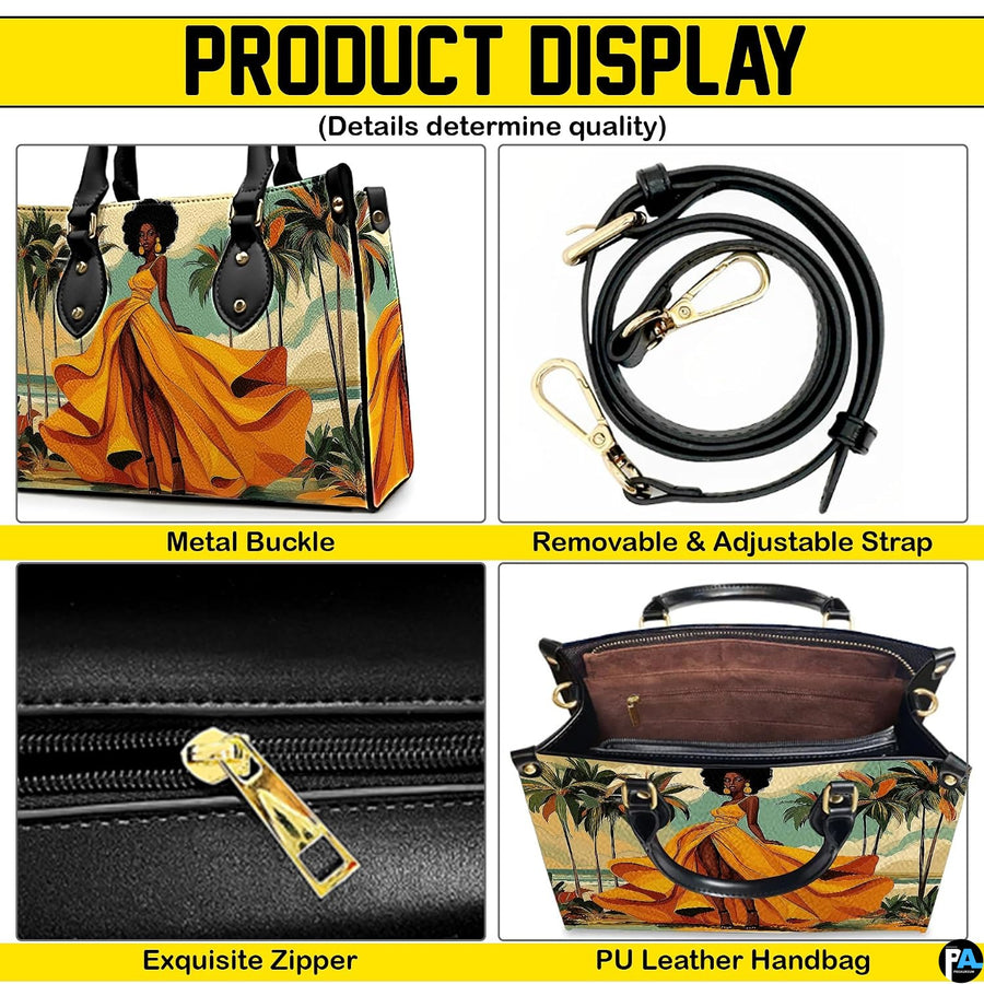 Multi-angle overview featuring the tropical yellow gown artwork, polished hardware elements, and interior view.