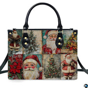 Matching wallet displaying the nostalgic Santa Claus portraits and snowy evergreen trees.