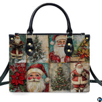 Matching wallet displaying the nostalgic Santa Claus portraits and snowy evergreen trees.
