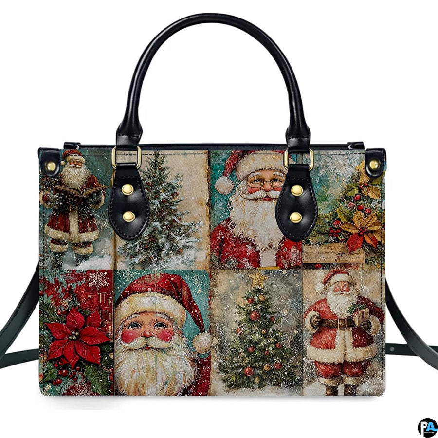 Matching wallet displaying the nostalgic Santa Claus portraits and snowy evergreen trees.