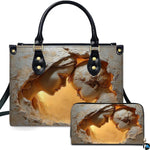 Virgin Mary relief sculpture handbag with glowing golden alcove and black handles