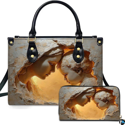 Virgin Mary relief sculpture handbag with glowing golden alcove and black handles