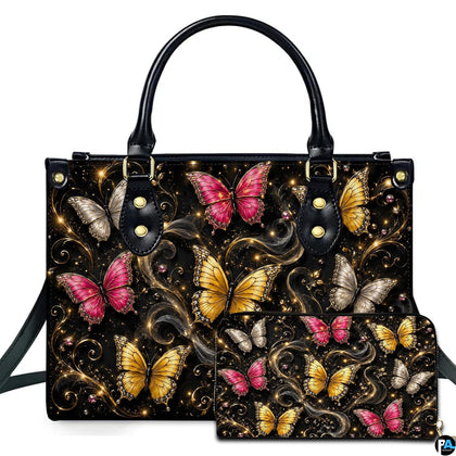 Studio presentation showing glowing butterfly fantasy artwork alongside matching companion on white surface.